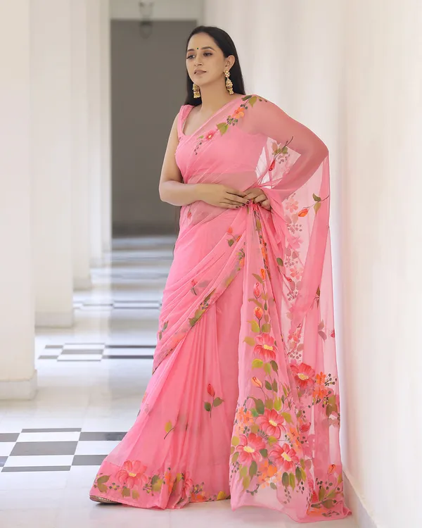 Coral_Floral_H_Painted_Chiffon_Saree_For_Women